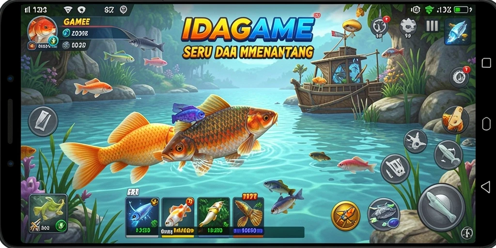 Screenshot gameplay IDAGAME menampilkan pengalaman memancing yang mendebarkan.